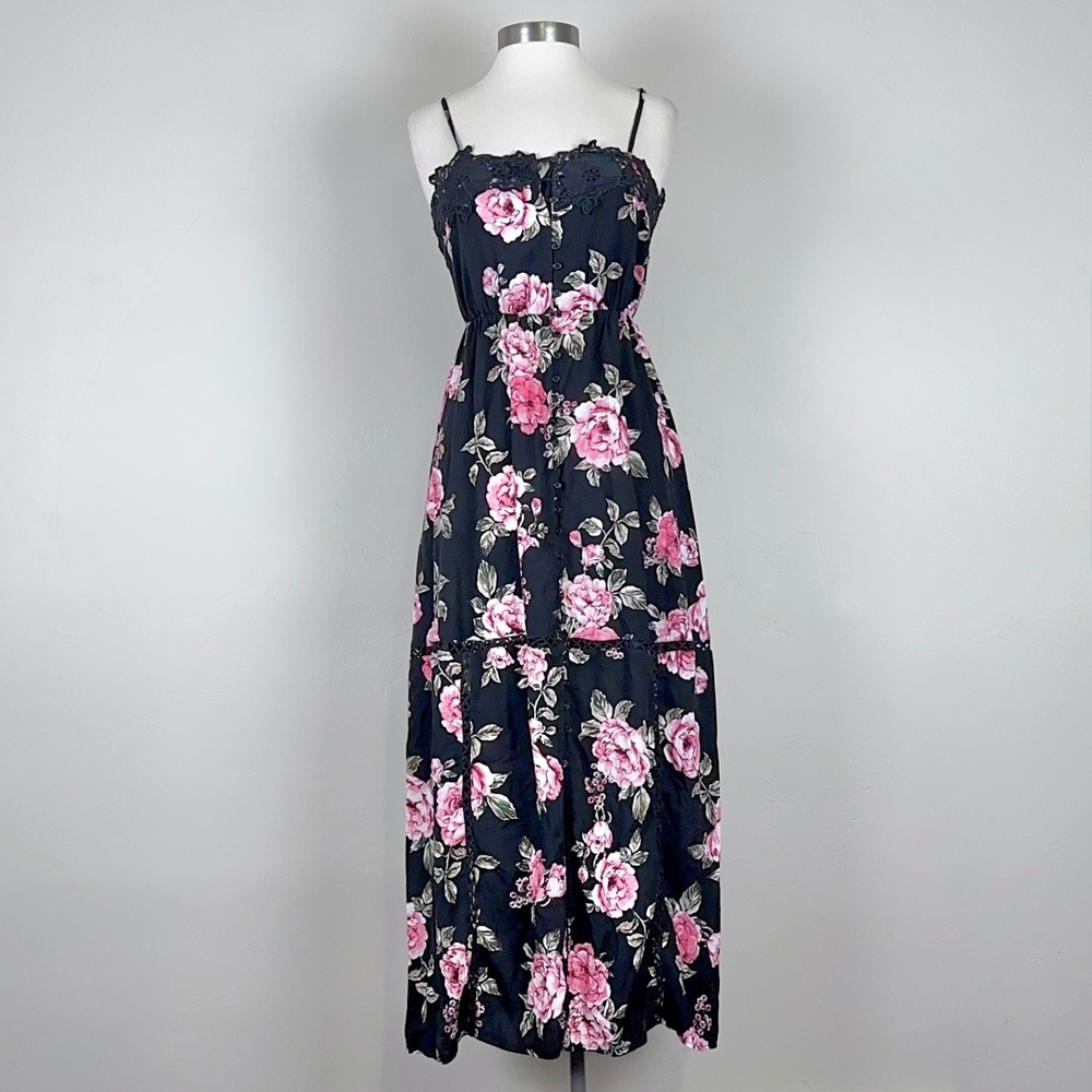 Boho Dark Romantic Cottagecore Floral Midi Dress Sz XS Lace Trim Button Front